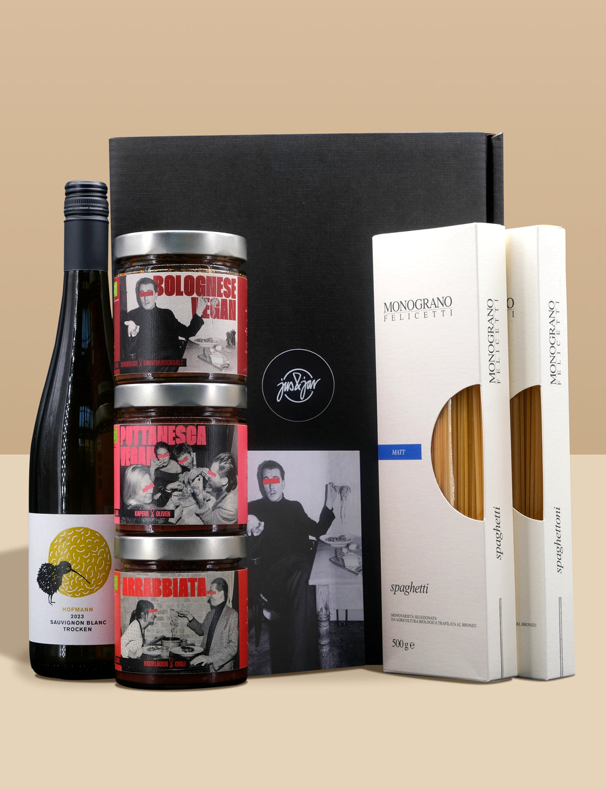 Geschenk-Box - vegane Pasta & Wein (Bio) - jus&jar